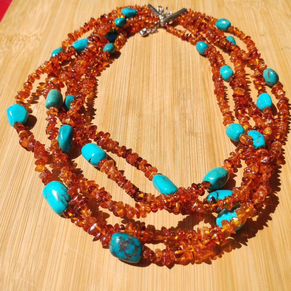 Jay King Natural Amber & Turquoise 5 Strand Sterling Silver Waterfall Necklace